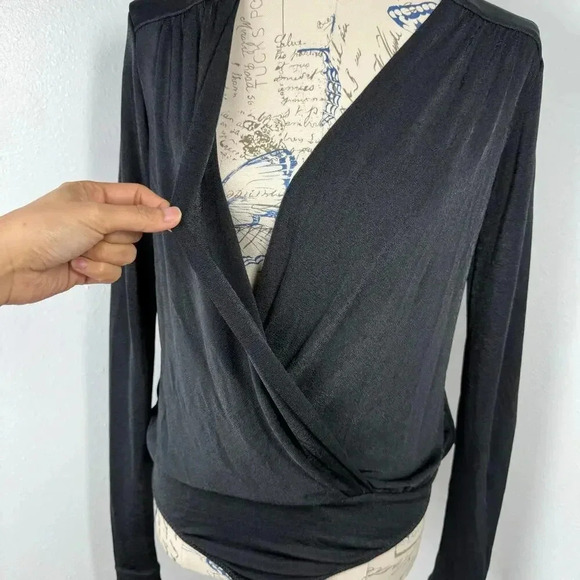 Intimately Free People Turnt Bodysuit Small Black Plunge Neck Thong Draped L/S - Picture 6 of 14